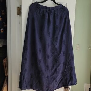 CP Shades Navy Blue Embroidered Irish Linen Maxi Skirt - M